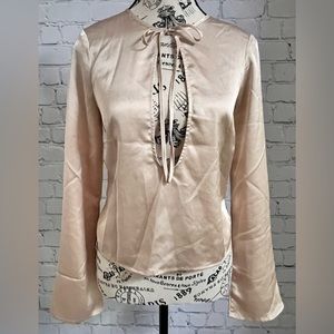 Forever 21 Champagne Low Cut Tie Front Slit Sides Long Sleeve Top Size S NWT